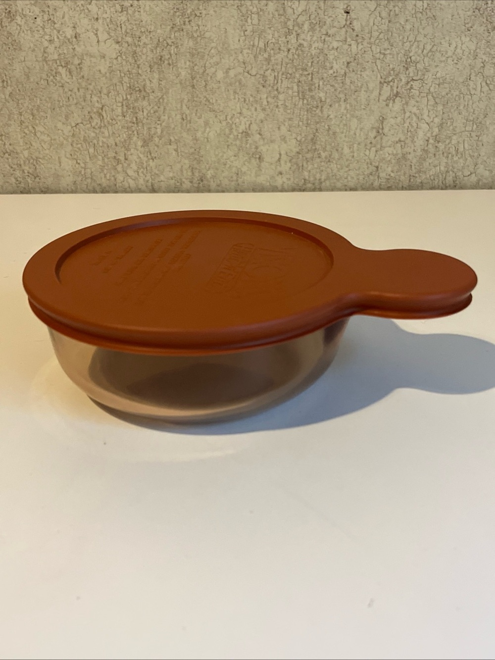 Vintage Corning Visions Grab It Bowl Amber Glass Orange Plastic Lid USA V-150-3